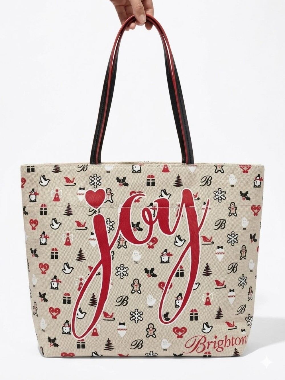 Brighton Canvas Tote with Red 'Joy' Script and Black-Trim Handles